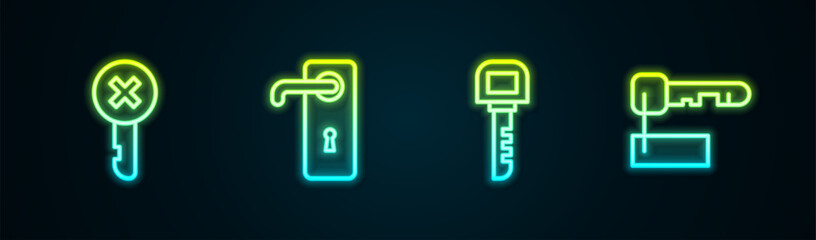 Wall Mural - Set line Wrong key, Door handle, Key and Marked. Glowing neon icon. Vector