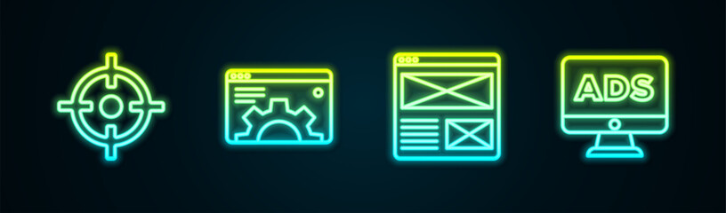 Poster - Set line Target sport, Browser setting, window and Advertising. Glowing neon icon. Vector
