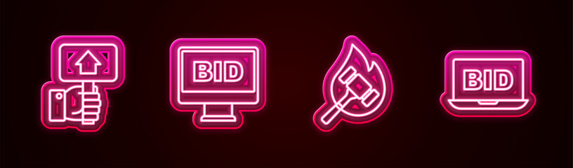 Poster - Set line Hand holding auction paddle, Online, Auction hammer and . Glowing neon icon. Vector