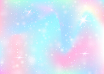 Unicorn background with rainbow mesh. Kawaii universe banner in princess colors. Fantasy gradient backdrop with hologram. Holographic unicorn background with magic sparkles, stars and blurs.