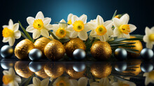 Easter Bunny Toy With Yellow Narcissus Daffodils UHD Wallpaper Stock Photographic Image