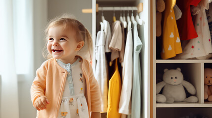 Wall Mural - Cute little girl in children room on the background of closet with a lot of fashionable clothes. Fashion for children, modern comfortable child clothes store. 
