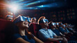 People with 3D glasses watching an action-packed blockbuster, blurred background
