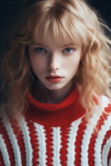 Wall Mural - A stunning fashionista with luscious blonde locks and a fiery red and white sweater exudes winter elegance, her portrait capturing the essence of her as a person, with her doll-like features