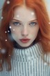 © Glittering Humanity - A fierce winter goddess with fiery red locks and dainty freckles gazes into the camera, her bold lipstick and luscious lashes adding to her enchanting persona, a doll-like beauty with bangs on face