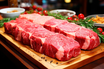 Wall Mural - Various pieces of fresh raw red meat in the supermarket, beef, pork, assorted meat steaks on a wooden board.