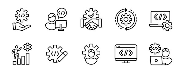 business technology development website coding gear icon set company build custom setting software programming dev improvement outline style symbol vector illustration 