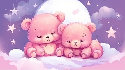   two teddy bears sitting on a cloud with a moon in the background.  generative ai