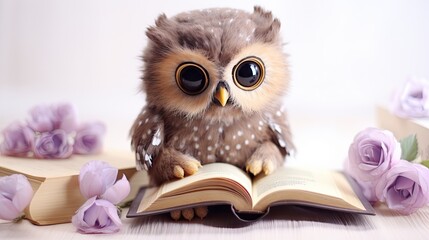   a stuffed owl sitting on top of a book with flowers around it.  generative ai