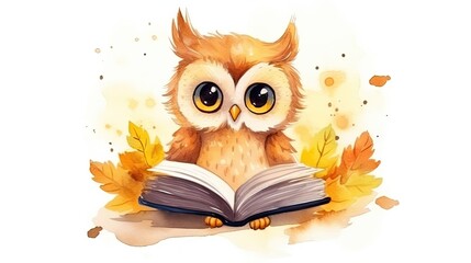   an owl is sitting on a book with leaves around it.  generative ai