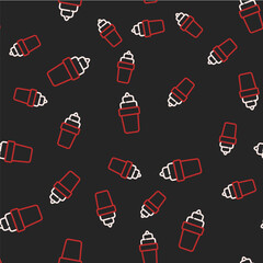 Wall Mural - Line Ice cream in waffle cone icon isolated seamless pattern on black background. Sweet symbol. Vector