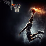 Fototapeta Fototapety sport - Basketball Player in Action holding a Burning Ball in Flames, Jumping for Powerful Slam Dunk. Jump Shot on Professional Arena during the game, throwing ball into basket. Athletic male training , Sport