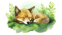  A Drawing Of A Sleeping Fox On A Green Leafy Surface.  Generative Ai