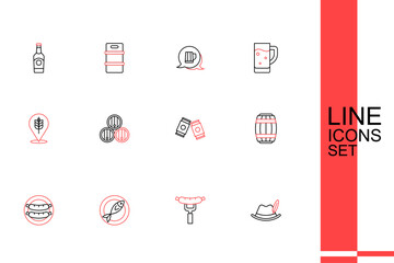 Wall Mural - Set line Oktoberfest hat, Sausage on the fork, Dried fish, Wooden barrel, Beer can, and Wheat icon. Vector