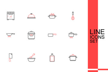 Canvas Print - Set line Cooking pot, Cutting board, whisk with bowl, Meat chopper, on fire, Frying pan, Slow cooker and icon. Vector