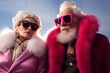 © Glittering Humanity - An eccentric older couple rocks their funky fur coats and pink sunglasses against the winter sky, embracing their unique fashion sense as they don goggles and embrace the outdoor elements