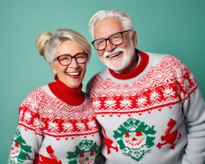 An elderly couple dons festive christmas sweaters, their smiles beaming with holiday cheer as they stand against a wall adorned with twinkling lights, their glasses reflecting the love of the season