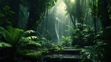 Fototapeta Las -  a lush green forest filled with lots of trees and plants.  generative ai