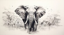  A Drawing Of An Elephant In The Water With Birds Flying Around.  Generative Ai