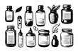 Essential oils bottles set of vector hand drawn doodle isolated elements for design. Cosmetic vial, flacon, flask for oil and herbs