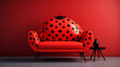 Stylish living room interior, trendy sofa and table, ladybug ladybird design, red with black dots, minimalism. Beautiful unique home design expressing individuality and creativity.