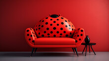 Stylish Living Room Interior, Trendy Sofa And Table, Ladybug Ladybird Design, Red With Black Dots, Minimalism. Beautiful Unique Home Design Expressing Individuality And Creativity.