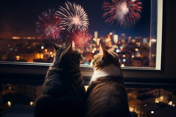 Two cute cats watching fireworks celebration in the nightly sky