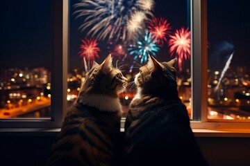 two cute cats watching fireworks celebration in the nightly sky