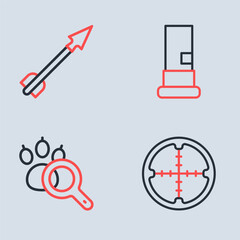 Sticker - Set line Cartridges, Paw search, Sniper optical sight and Medieval arrow icon. Vector