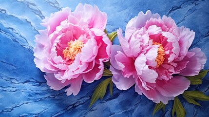  two large pink flowers on a blue background with leaves and stems.  generative ai