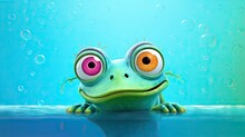  A Green Frog With Big Eyes Sitting In The Water With Bubbles.  Generative Ai
