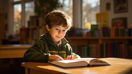 Sticker - A little boy preschooler reading a book sitting at his desk in the classroom