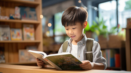 Wall Mural - A little boy preschooler reading a book sitting at his desk in the classroom