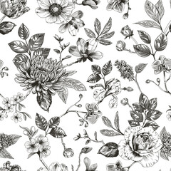 Abstract modern floral seamless pattern with hand drawn flower in Toile de jouy style. Retro elegance repeat print. Vintage design for fabric, wallpaper or wrapping