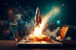Laptop launching rocket symbolizes success, delivering innovation. Generative AI