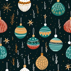 Aufkleber - Festive Ornaments and Tinsel Cartoon Pattern Christmas Pattern
