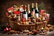 Create an image of a festive holiday hamper filled with an assortment of gourmet treats and delicacies