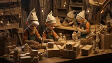  A Group Of Children Working On A Statue Of Three Gnomes.  Generative Ai