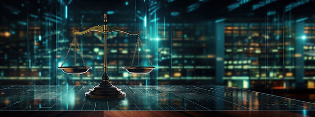 Law scales on background of data center. Digital law concept of duality of Judiciary, Jurisprudence and Justice and data in the modern world. Copy space