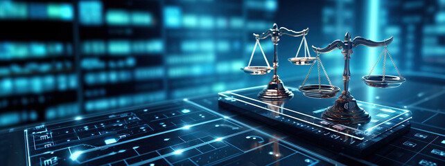 Poster - Law scales on background of data center. Digital law concept of duality of Judiciary, Jurisprudence and Justice and data in the modern world. Copy space