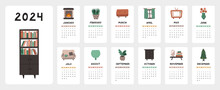 Cute Calendar Template For 2024 Year With Cozy Illustrations Of Home Interior. Calendar Grid With Weeks Starts On Monday For Nursery Or Office. Vertical Monthly Calender Layout For Planning