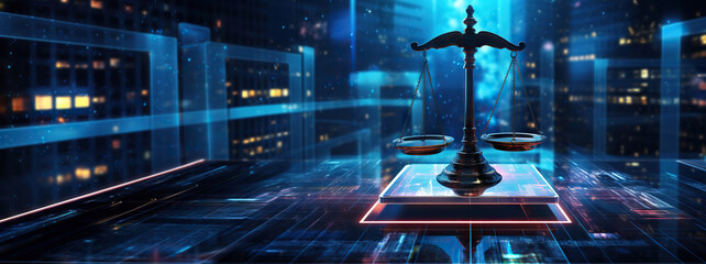 Law scales on background of data center. Digital law concept of duality of Judiciary, Jurisprudence and Justice and data in the modern world. Copy space
