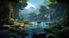 Scene Of A River Adventure Through A Dense Jungle, With Wildlife, Ancient Ruins, And The Excitement Of Exploration Game Art