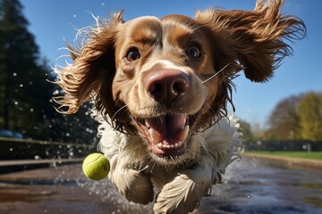 Wall Mural - a english cocker dog playing at the park with a tennis ball