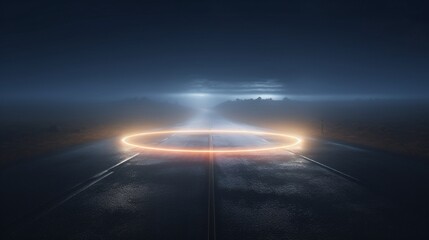 Poster - asphalt road surface with glowing led ring and foggy mist
