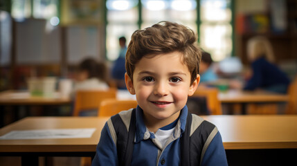 Wall Mural - Little preschooler in the background of a classroom