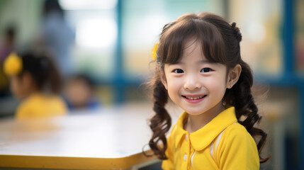 Canvas Print - Little preschooler sits at a desk in the background of a classroom