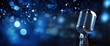 © Nanda - microphone with blurred background on blue wall, vintage microphone on stage with lamp lighting, in uhd image style, bokeh panorama. Generative AI