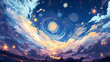 Fototapeta Kosmos - Hand drawn cartoon anime beautiful night starry sky illustration
