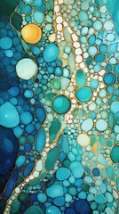 Poster - A painting of blue and yellow bubbles on a black background.
